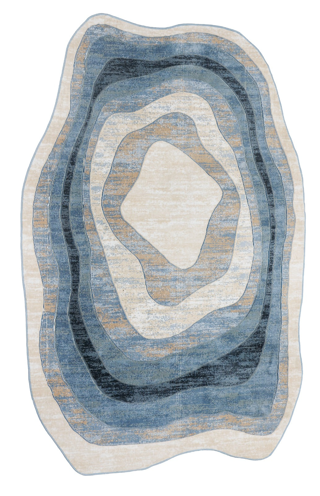 An abstract oval area rug with concentric organic layers in cream, light blue, medium blue, charcoal gray, and tan, shown flat against a white background.