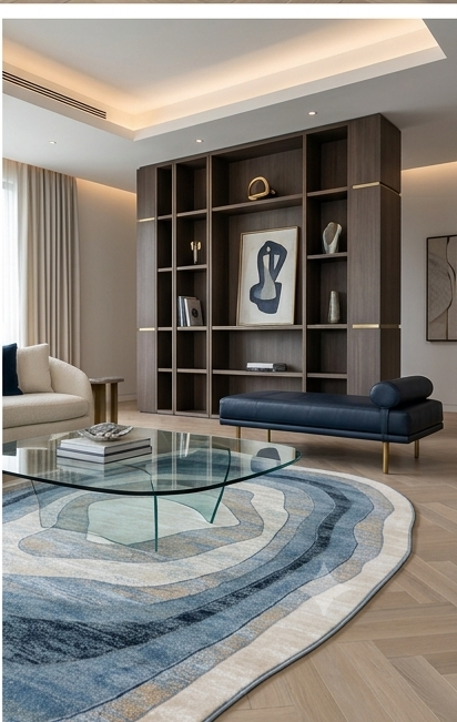 A modern living room interior featuring a large dark wood built-in shelving unit with gold-toned trim, a blue upholstered bench, a glass-top coffee table, and a large abstract blue and beige rug on light wood flooring.