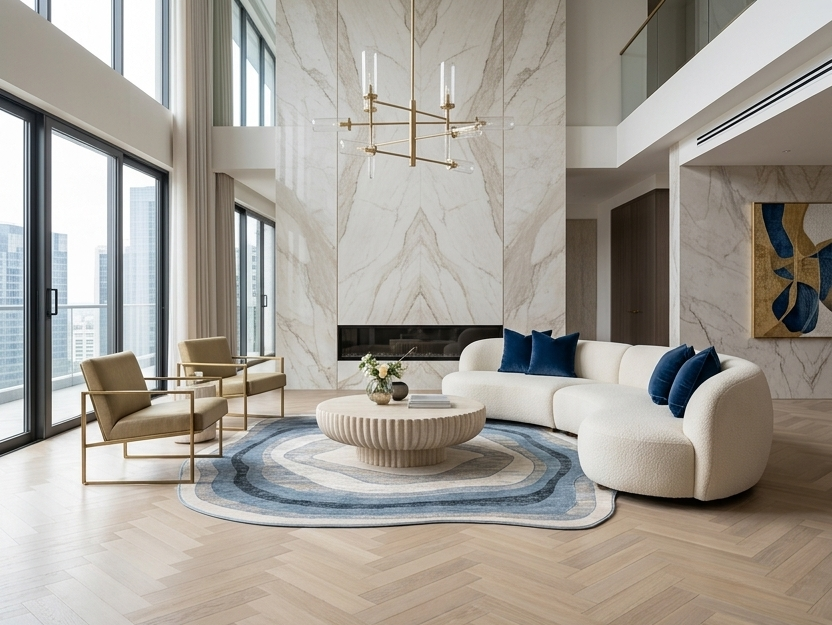 A modern living room interior with a curved cream boucle sofa, two beige armchairs, a round ribbed coffee table, a blue-and-white patterned rug, and a large marble wall behind a black fireplace. Tall windows, wood flooring, and a gold chandelier are visible.