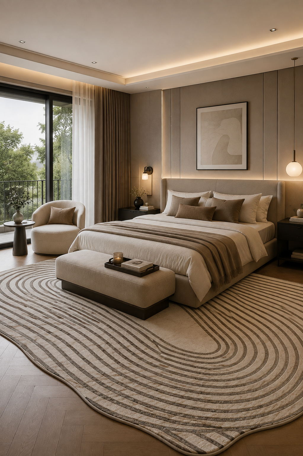 A modern bedroom interior featuring a large beige and gray wavy-patterned area rug under a bed with neutral bedding, a matching upholstered bench at the foot of the bed, a beige armchair by a window, and warm ambient lighting.