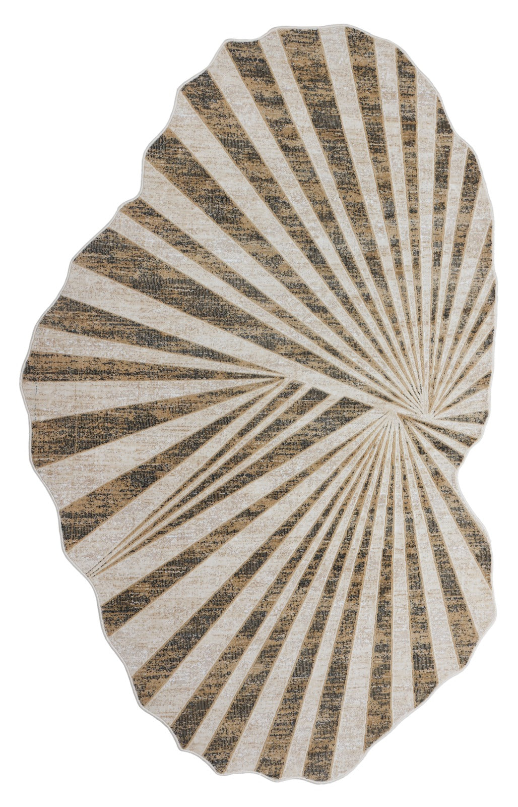 An oval area rug with a scalloped edge, featuring a sunburst pattern of alternating beige and brown textured stripes radiating from the center, shown on a plain white background.