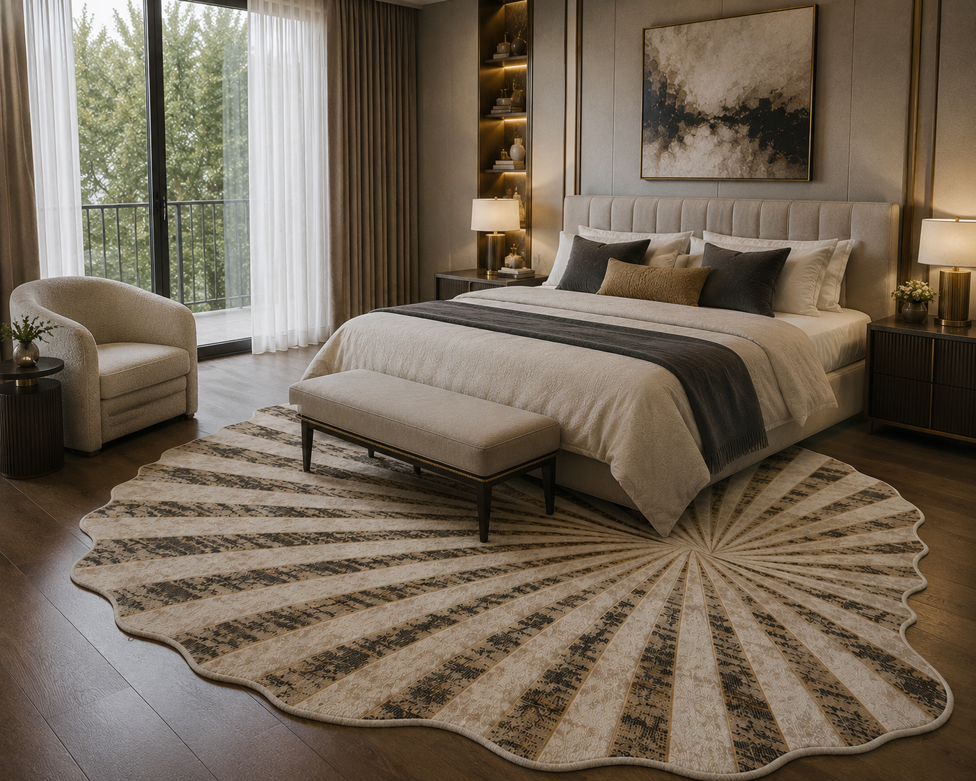 A large scalloped round area rug in beige and brown tones, styled in a modern, luxurious bedroom setting with a tufted bed, matching bench, and warm ambient lighting.