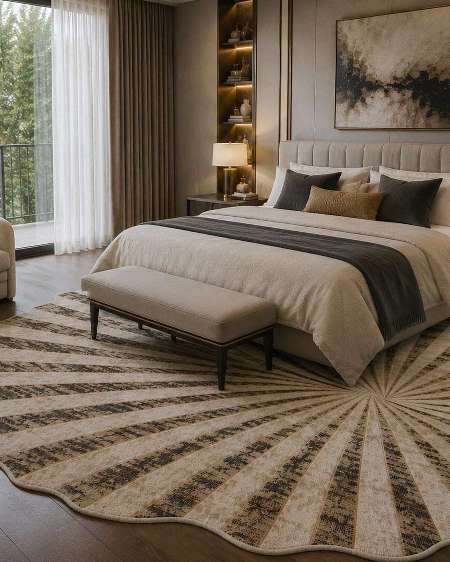 A large scalloped round area rug in beige and brown tones, styled in a modern, luxurious bedroom setting with a tufted bed, matching bench, and warm ambient lighting.
