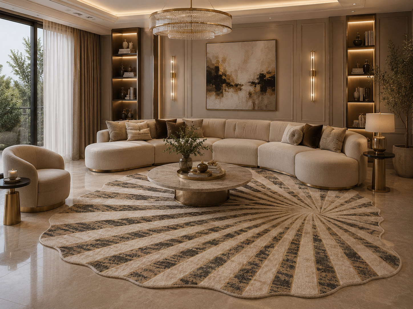 A luxury modern living room featuring a large curved beige sectional sofa, a matching round coffee table, a large scalloped sunburst area rug, and a large abstract painting on the wall.