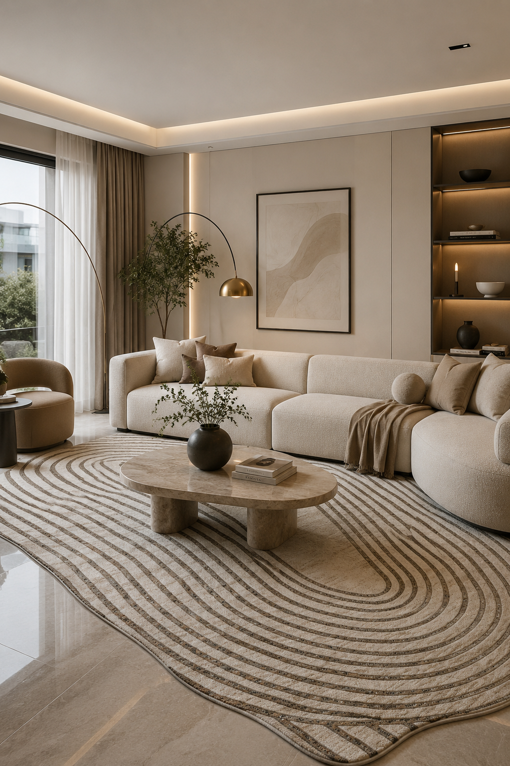 A modern living room featuring a large beige sectional sofa, a matching curved area rug with concentric wave patterns, a low oval stone coffee table, and warm ambient lighting.