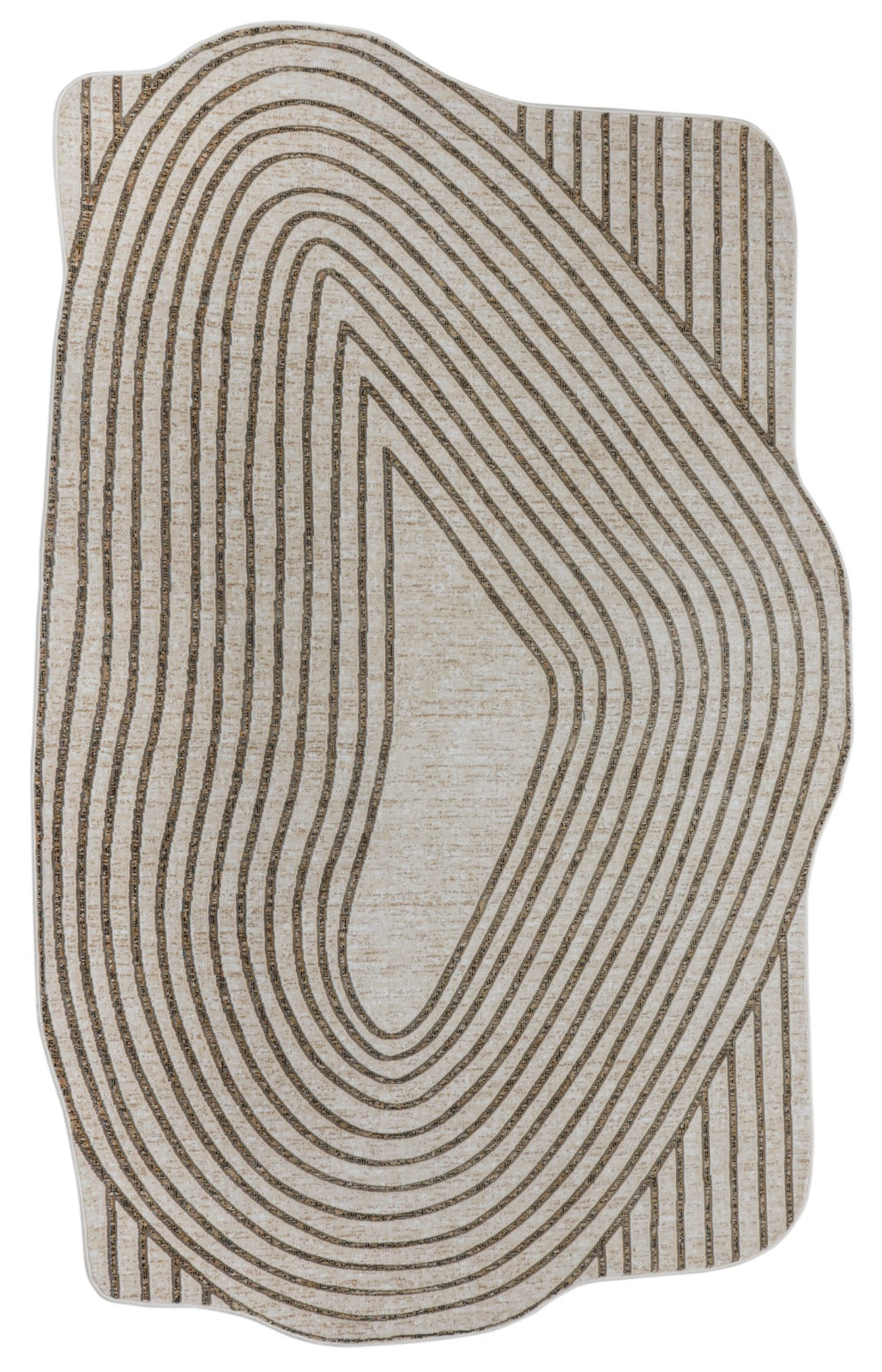 An abstract oval area rug with concentric topographic contour lines in dark brown on a warm beige background, isolated on a white background.
