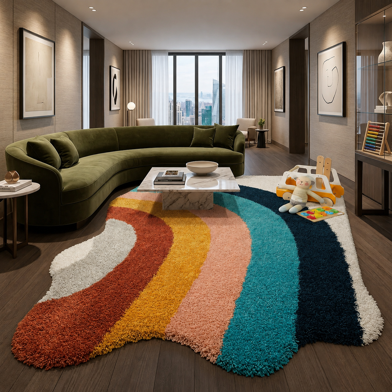 A large, plush shag area rug with a wavy rainbow design in rust orange, mustard yellow, peach, teal, and navy, styled in a modern living room with a curved olive green sofa and dark wood floors.
