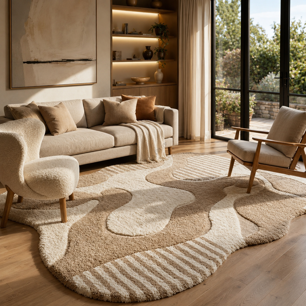 A modern living room featuring a large, organic-shaped shag area rug in beige and cream tones. The room is styled with a beige textured sofa, two matching boucle armchairs, a wooden cabinet with built-in lighting, and large windows looking out onto green trees.