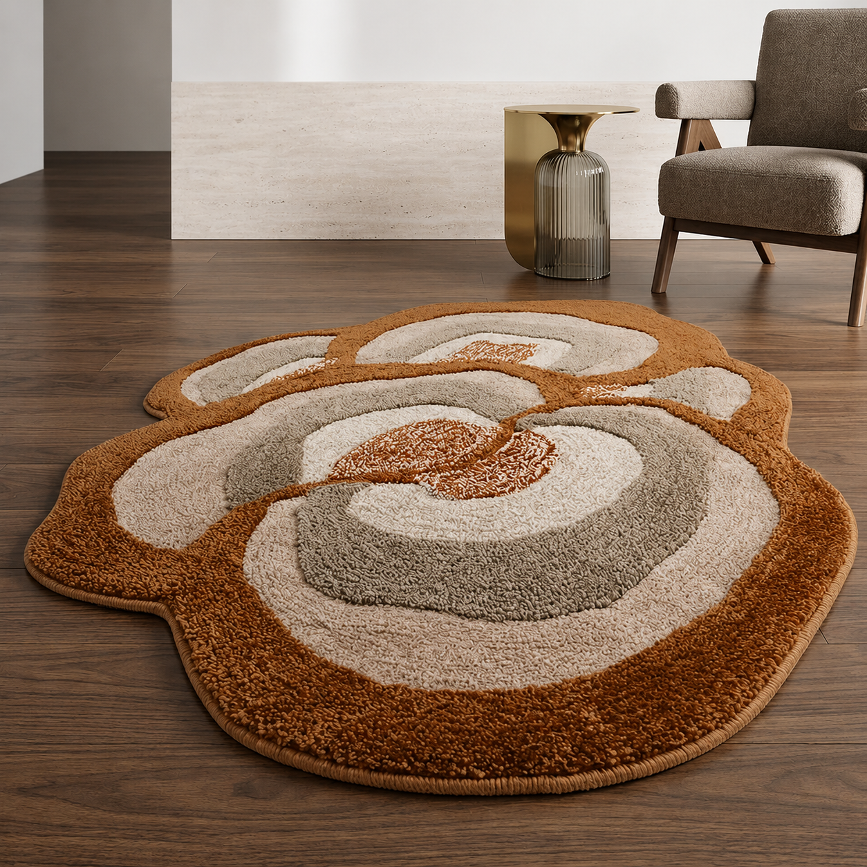 An abstract, organic-shaped shag rug with concentric flower-like patterns in brown, beige, and gray, placed on a dark wood floor in a modern living room setting.