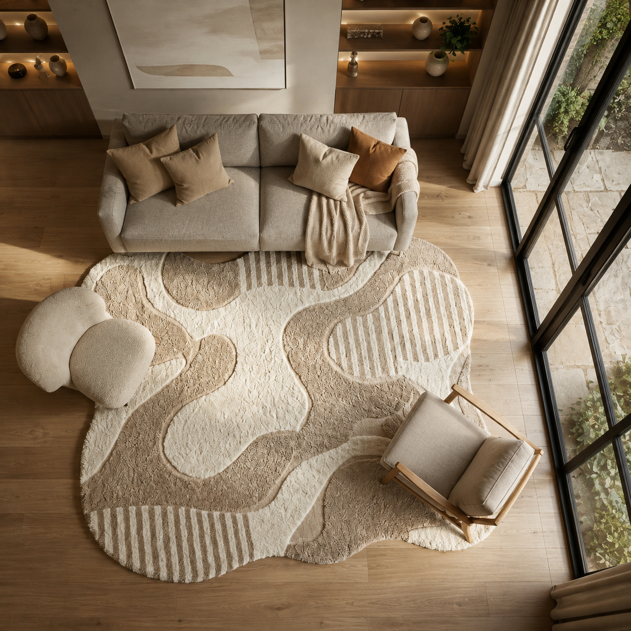 A top-down view of a modern living room featuring a large, organic-shaped area rug with wavy beige and cream patterns. The rug is styled in a contemporary living space with a light gray sofa, accent pillows, a matching accent chair, and a small white ottoman on a light wood floor.