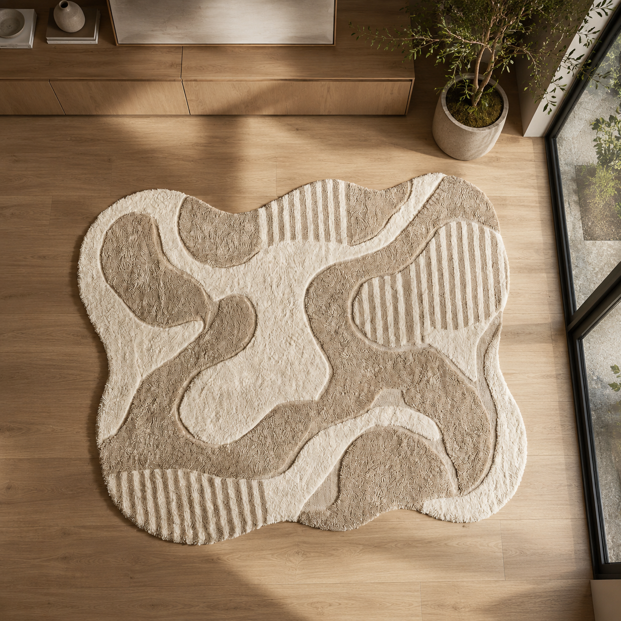 An abstract, organic-shaped area rug with a shaggy texture in beige, cream, and taupe tones, styled on a light wood floor in a modern interior setting.