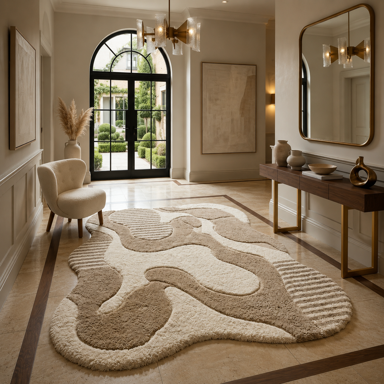 A large abstract area rug in cream and taupe tones is displayed in a modern, elegant entryway with a console table, wall mirror, and arched glass doors in the background.