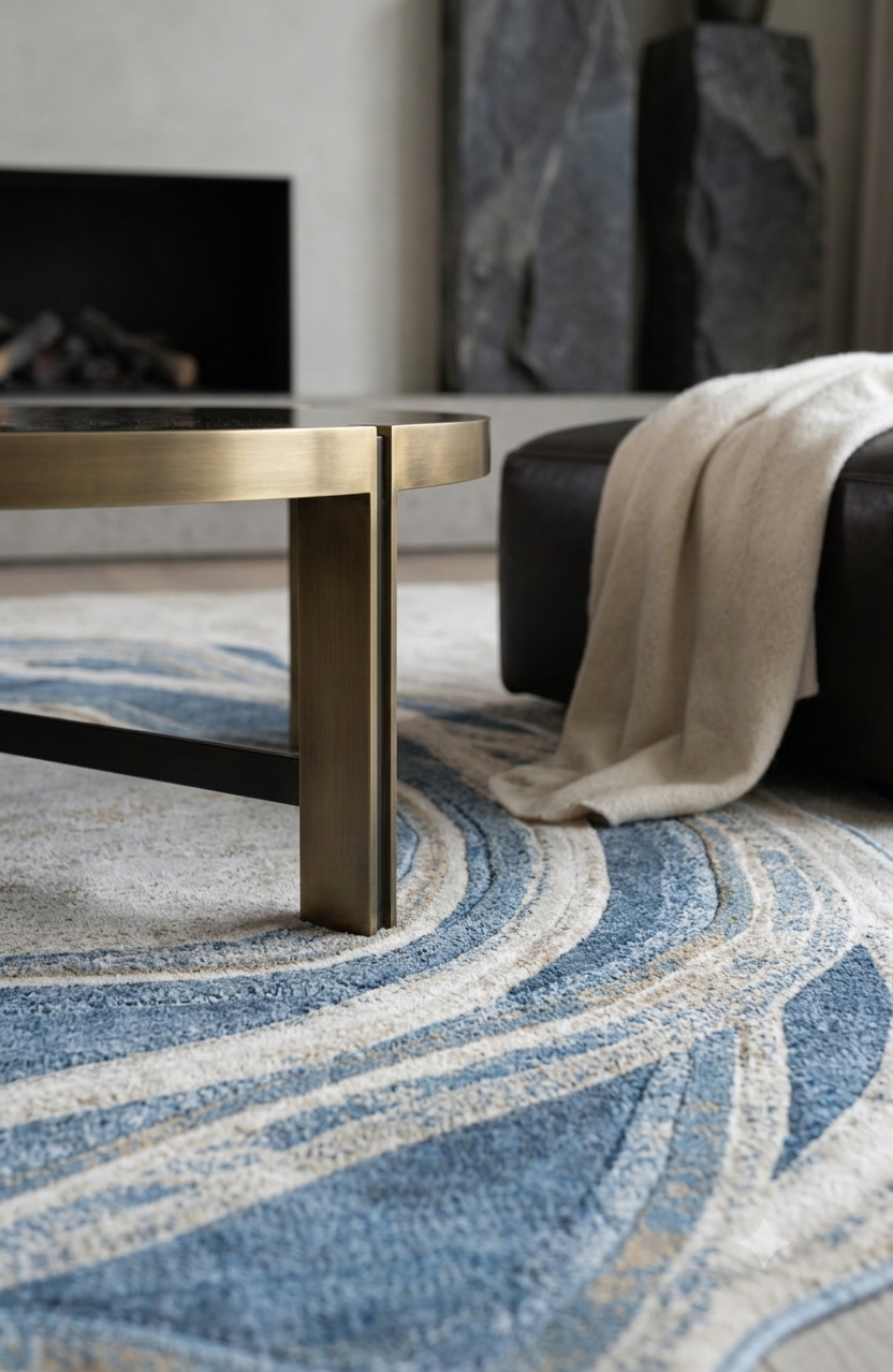A close-up of a modern round coffee table with a brushed brass metal base, set on a blue and beige patterned area rug in a living room setting.
