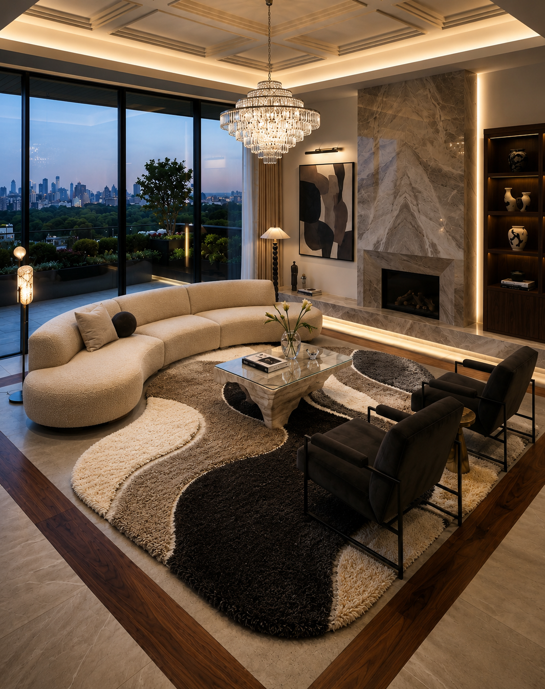 A luxury modern living room featuring a curved cream boucle sofa, two black leather armchairs, a marble-top coffee table, a large wavy black and beige shag area rug, a crystal chandelier, and a marble fireplace in the background.