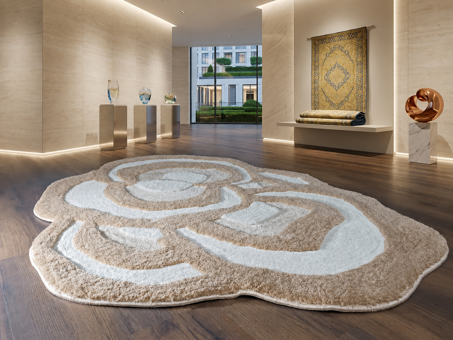 An abstract, organic-shaped shag rug in beige and off-white tones, displayed on a dark wood floor in a modern, upscale gallery or showroom.