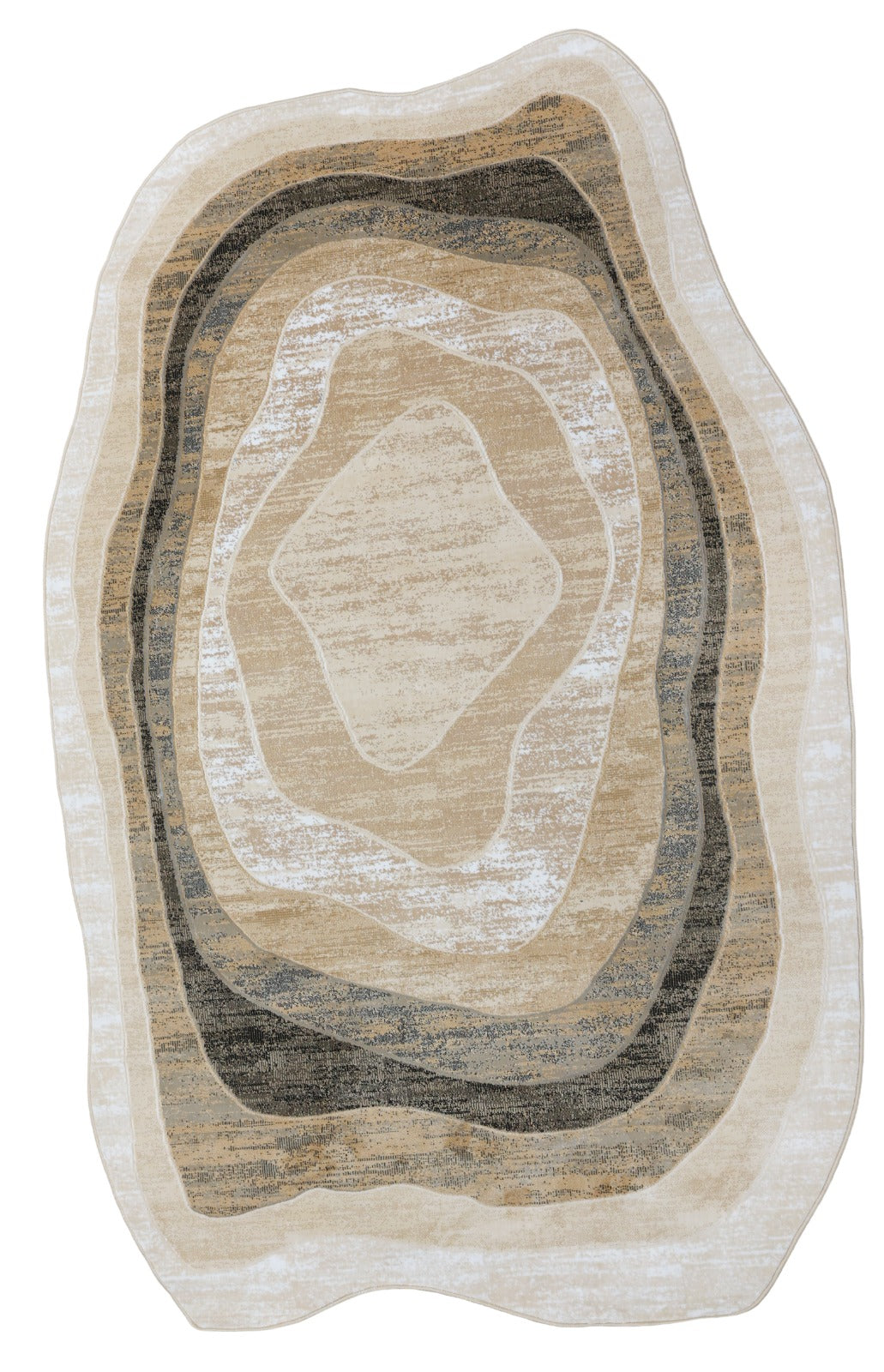 An abstract oval area rug with concentric organic shapes in cream, beige, tan, brown, and charcoal gray, shown flat against a white background.