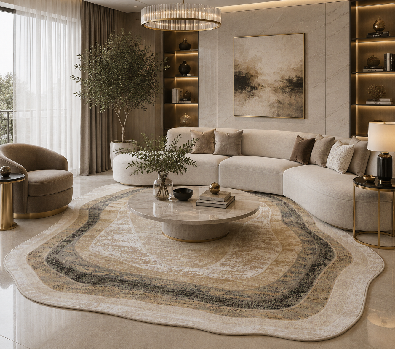 A luxury modern living room featuring a large organic-shaped area rug in beige, gray, and brown tones, styled with a curved cream sectional sofa, a round marble coffee table, and elegant ambient lighting.