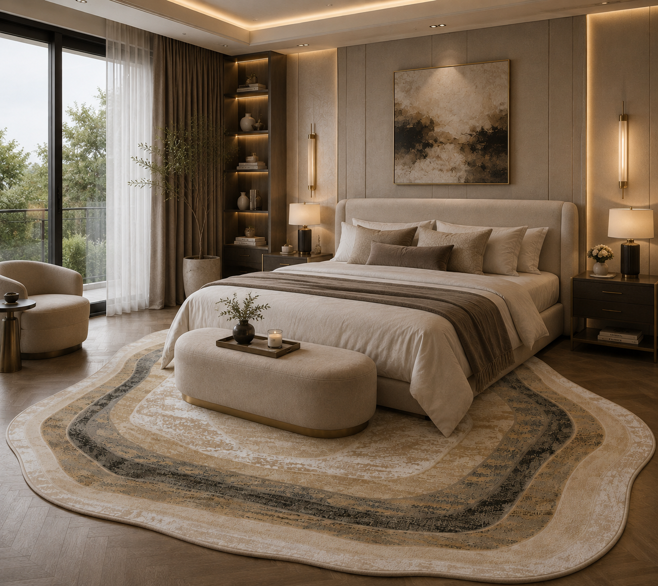 A luxury modern bedroom featuring a large wavy area rug in beige, brown, and gray tones, a matching upholstered ottoman at the foot of the bed, and a beige bed dressed in neutral-toned linens.