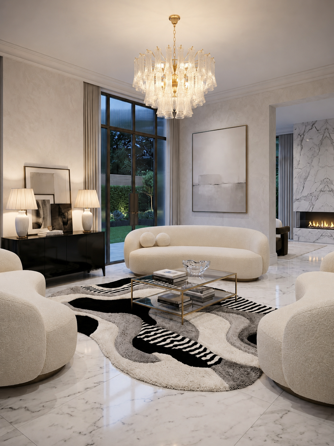 A luxury modern living room featuring a large gold and crystal chandelier, a curved cream bouclé sofa, matching armchairs, a black and white abstract patterned area rug, and a glass coffee table on a polished white marble floor.