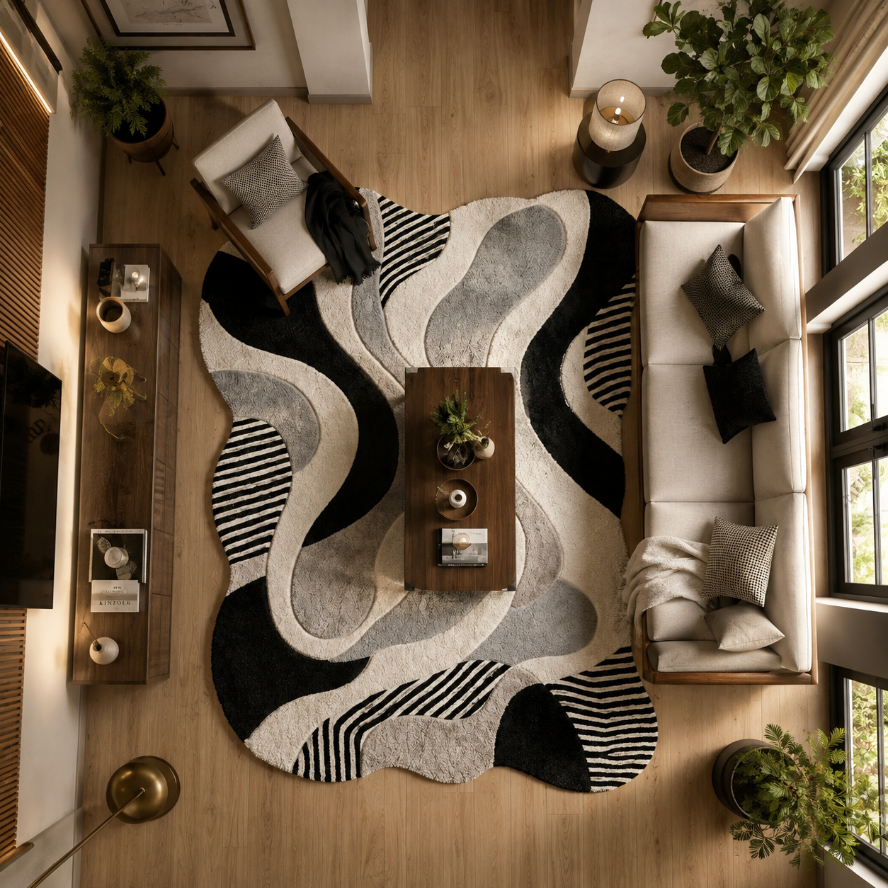A top-down view of a modern living room featuring a large, abstract wavy area rug in black, gray, and off-white. The rug is styled in a contemporary living space with a light wood floor, a cream sofa, a wooden coffee table, and potted plants.