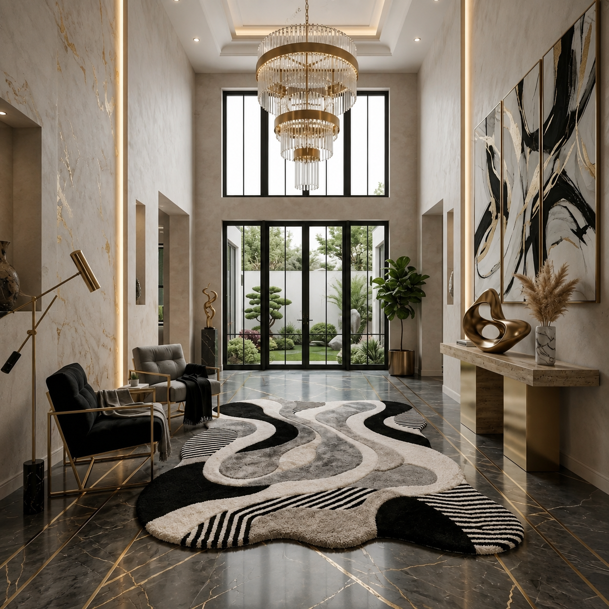 A luxury modern entryway featuring a large abstract black, white, and gray area rug on dark marble floors. The space includes a gold chandelier, a console table with abstract wall art, and a glass door looking out to a garden.