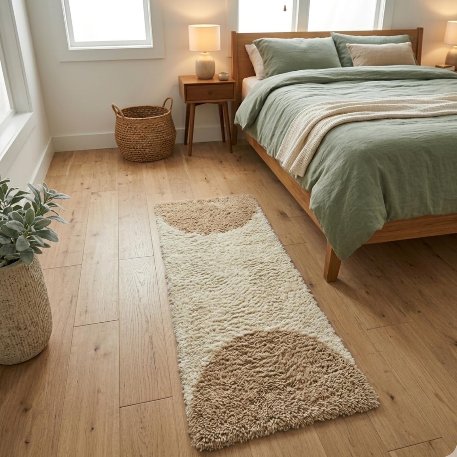 A long rectangular shag runner rug in cream and beige tones laid out on a light wood floor in a styled bedroom with a wooden bed, nightstand, and plants.