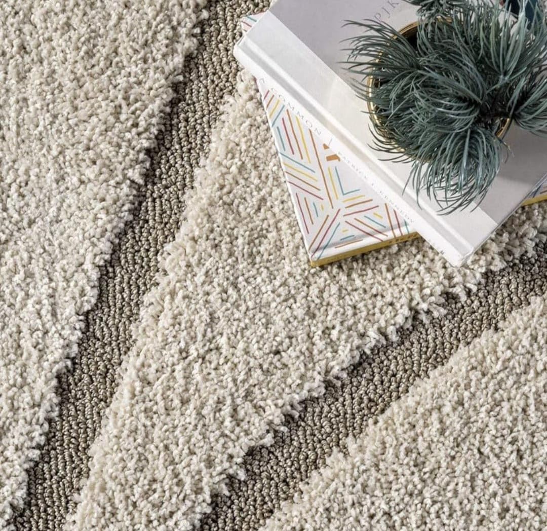A close-up of a textured area rug with alternating thick cream boucle-style stripes and a taupe-gray looped stripe, styled with a book and a small potted plant.