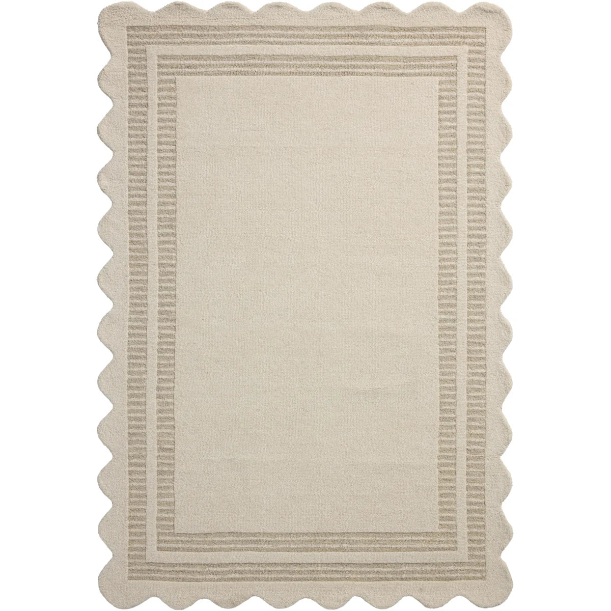 A rectangular area rug with a scalloped border and a subtle striped pattern, shown flat against a white background.
