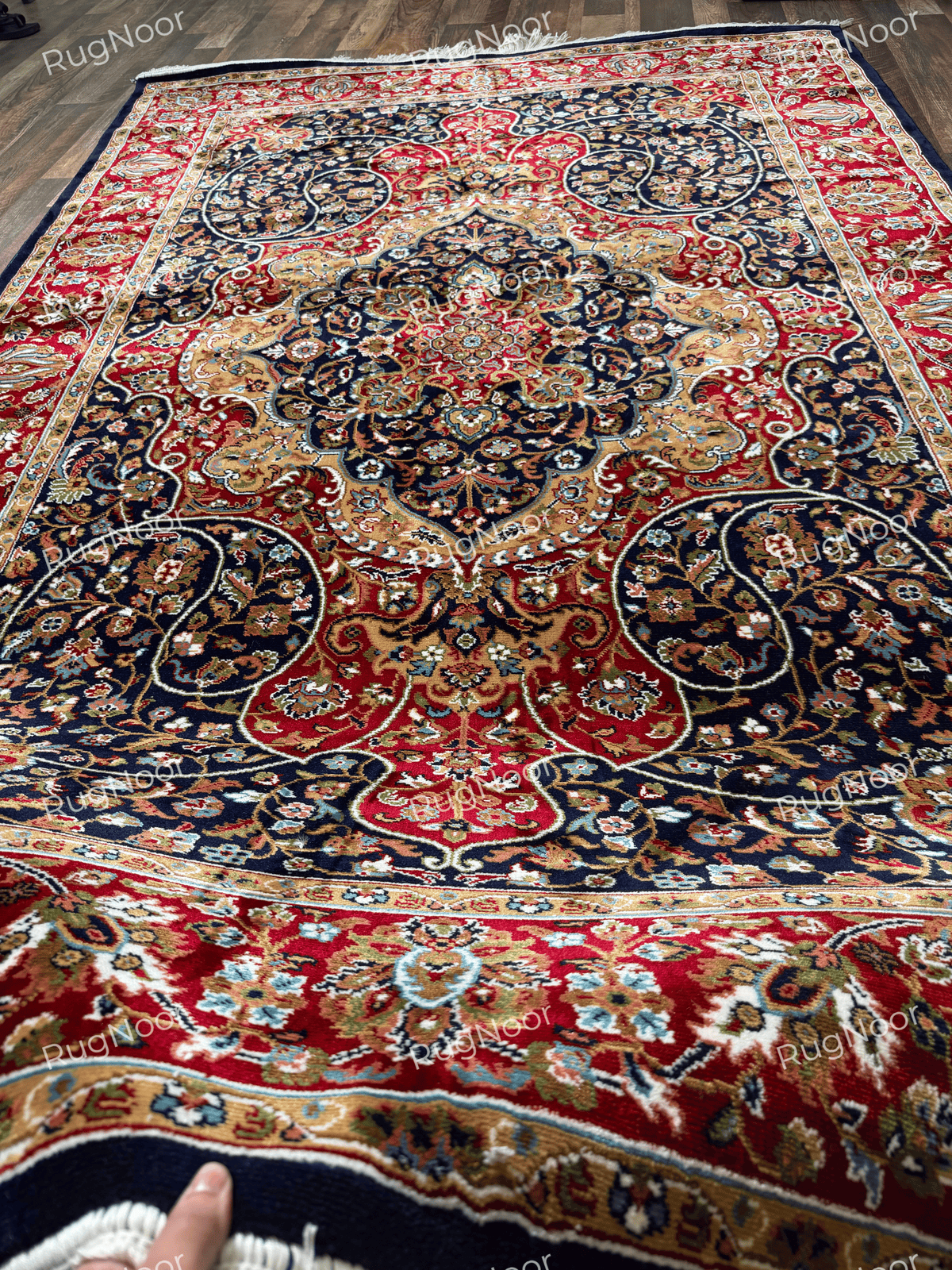 Red and navy traditional floral rug with ornate gold medallion and ivory fringe - Jouri RugNoor