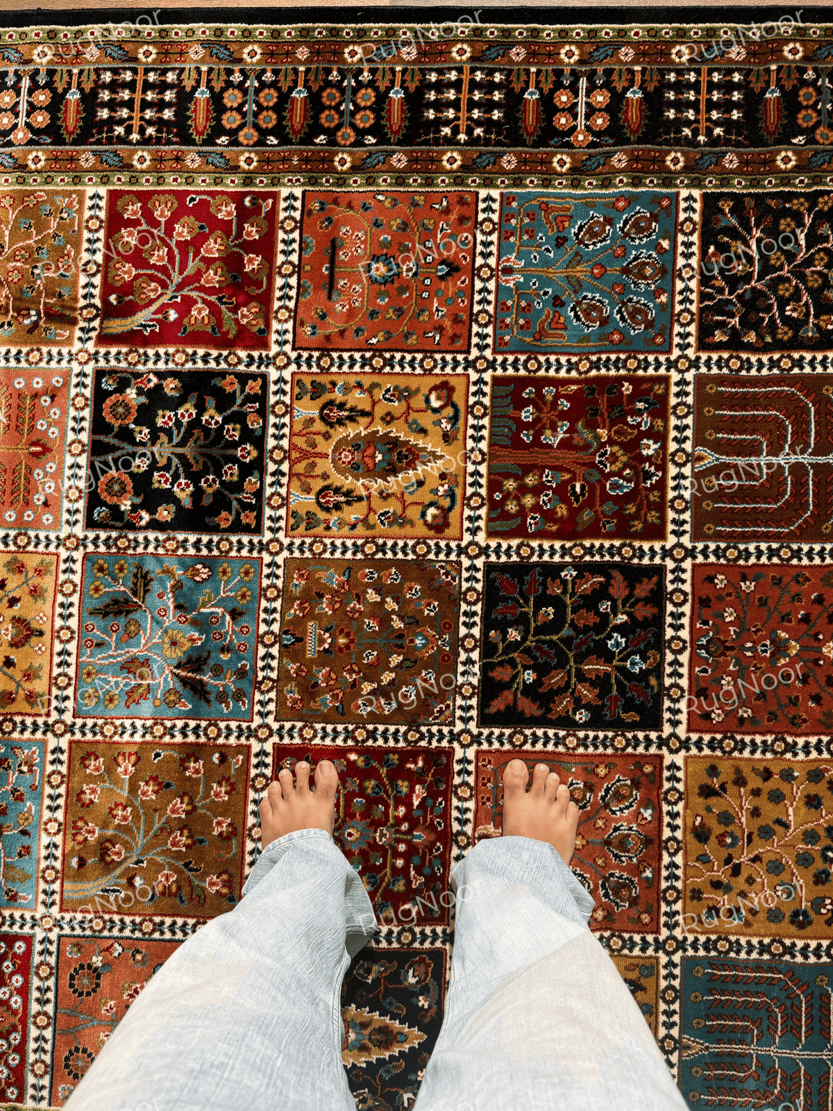 Teal, rust, gold and burgundy floral panels in the patchwork design - Kashida RugNoor