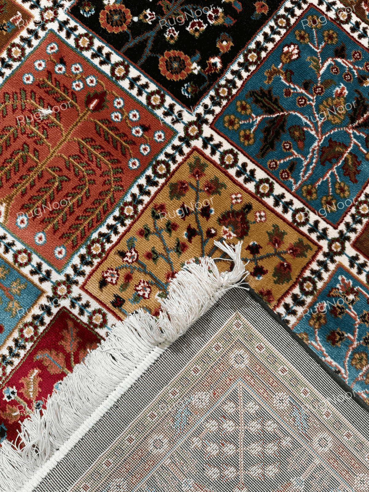 Ivory fringe and black edging along the multicolour patchwork rug - Kashida RugNoor