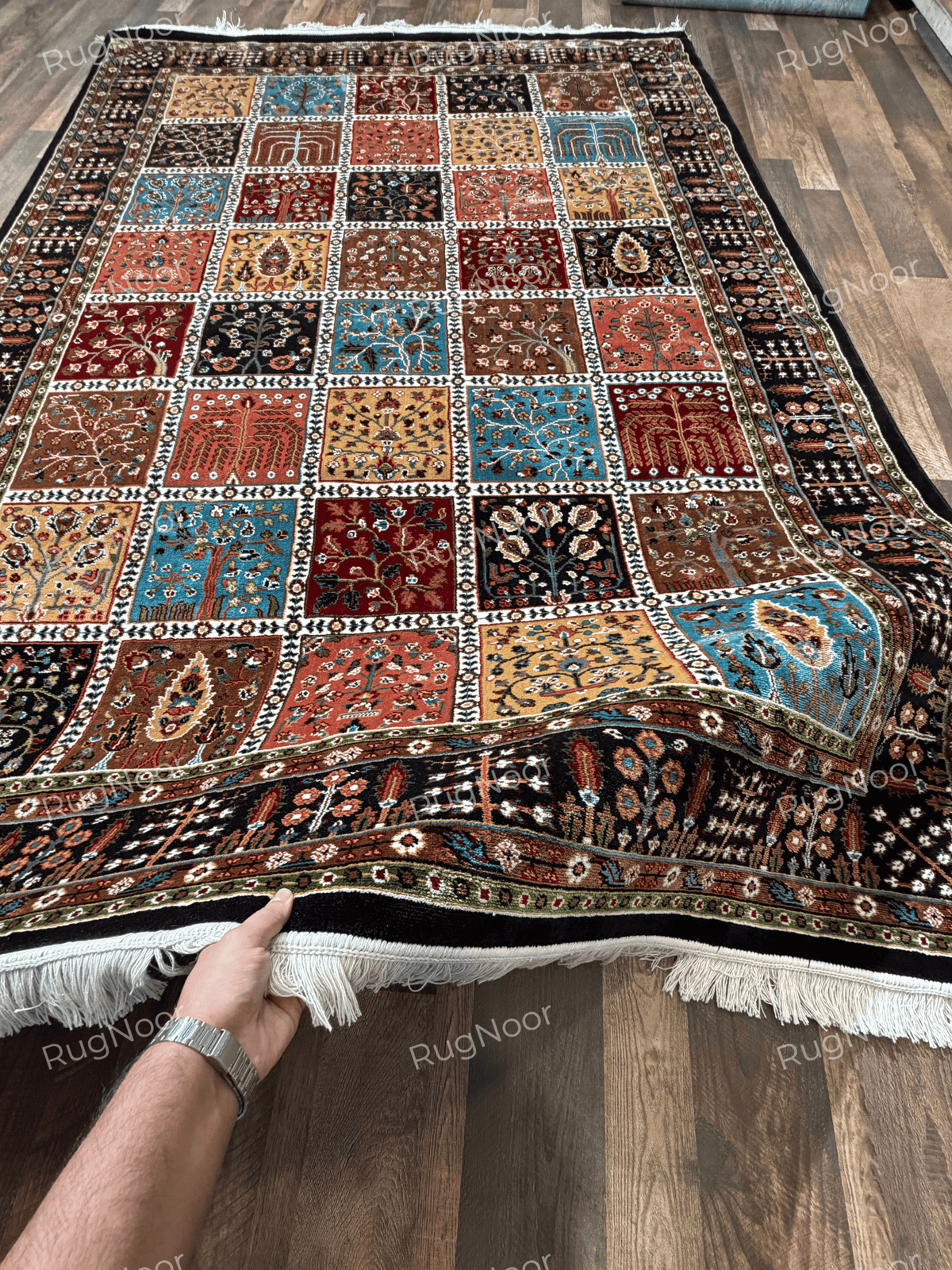 Multicolour patchwork rug with floral panels, dark border and ivory fringe - Kashida RugNoor