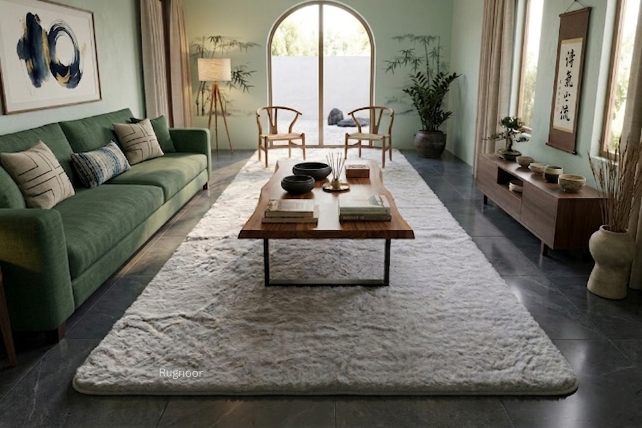 A large, light gray shag area rug styled in a modern, elegant living room with a green sofa, wooden coffee table, and dark tiled floor.