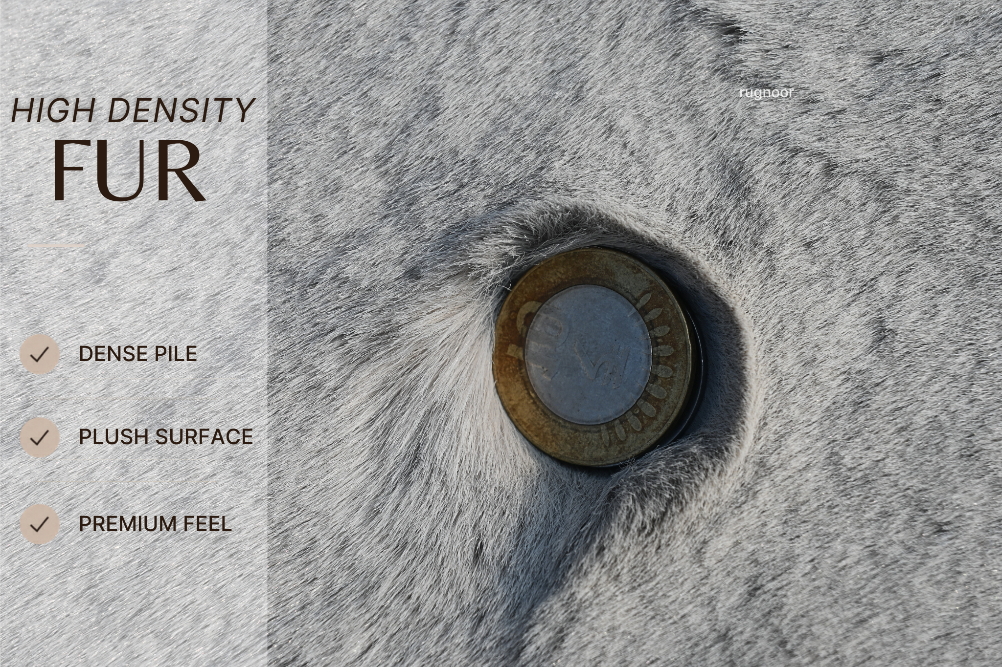 Close-up of a gray high-density animal fur texture with a coin placed in the center of the fur opening. Text on the left reads 'HIGH DENSITY FUR' with bullet points: 'DENSE PILE', 'PLUSH SURFACE', and 'PREMIUM FEEL'.