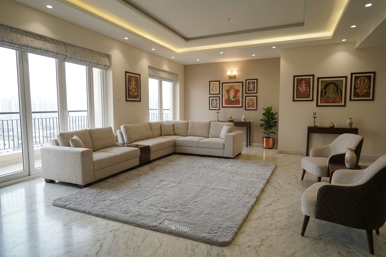 A modern living room featuring a large beige sectional sofa, a matching light gray area rug, two accent armchairs, and framed wall art on beige walls.