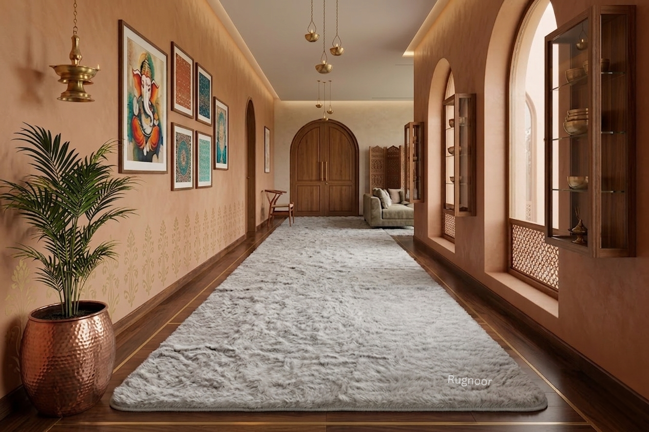 A long, plush light gray area rug laid out in a hallway with warm beige walls, wooden doors, hanging pendant lights, framed wall art, and a potted plant in a copper-colored pot.