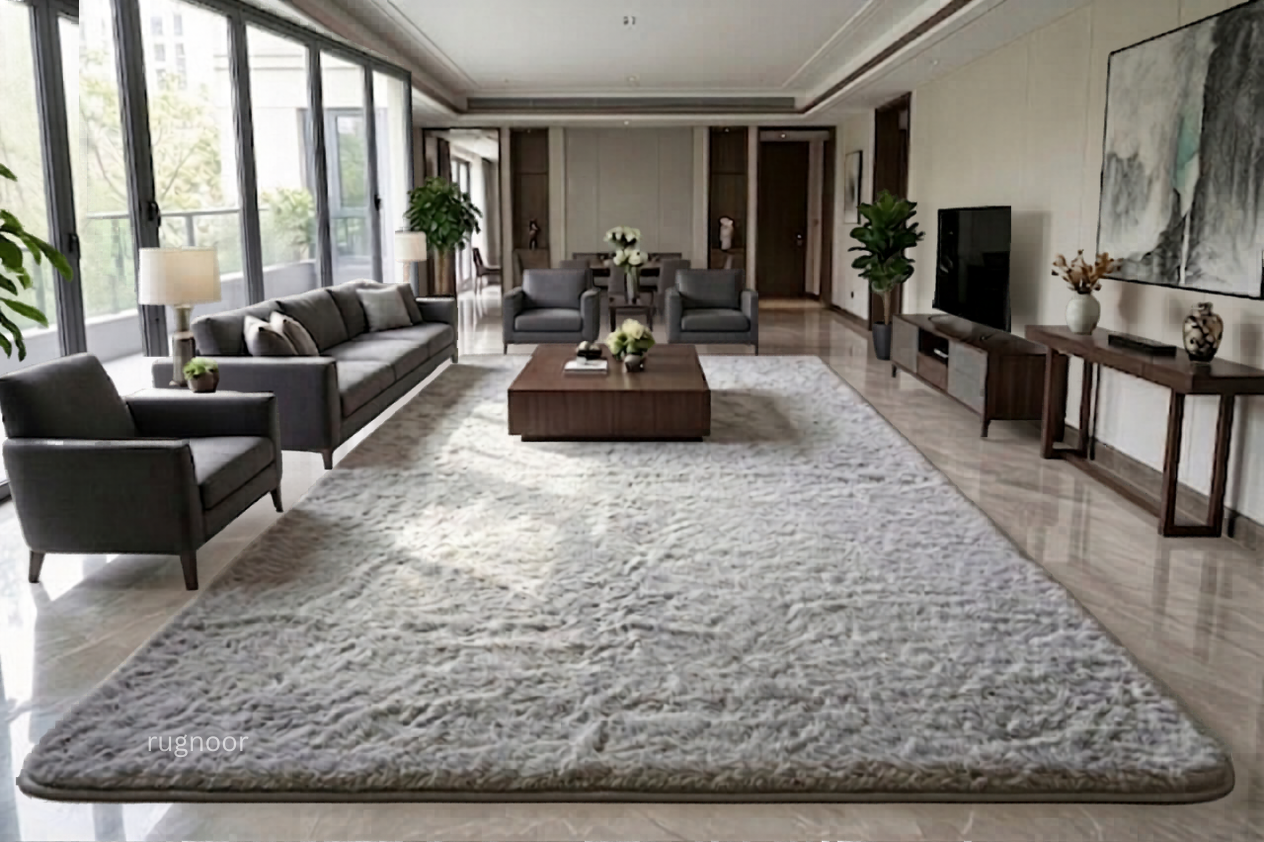 A large, plush light gray area rug styled in a modern, sunlit living room with gray sofas, a dark wood coffee table, and a TV console.