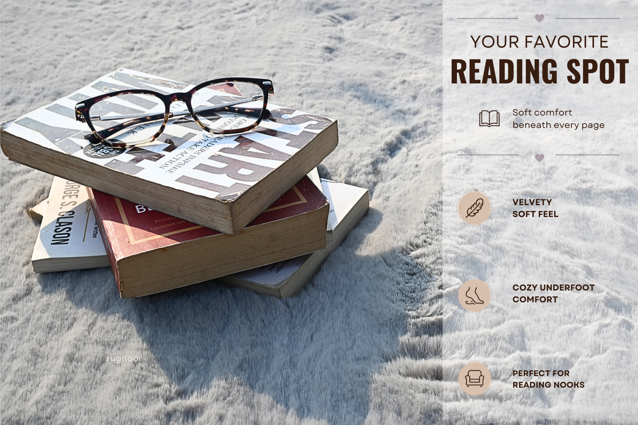 A stack of reading books and a pair of eyeglasses placed on sand, with a text panel on the right that reads 'YOUR FAVORITE READING SPOT' and lists soft comfort, velvety soft feel, cozy underfoot comfort, and perfect for reading nooks.
