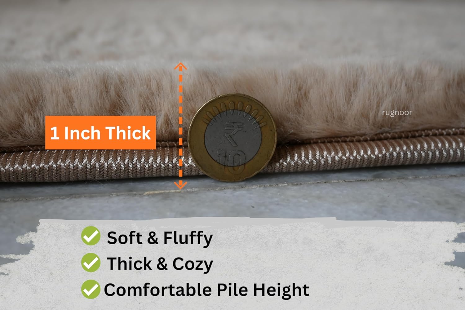 Close-up of a light beige faux fur rug with a ₹10 coin showing the 1 inch thick pile, highlighting its soft, fluffy and comfortable texture