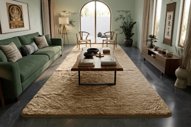 A large, textured beige area rug styled in a modern, elegant living room with a green sofa, wooden coffee table, and dark gray tiled floor.