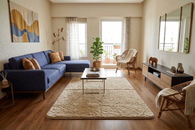 A modern living room featuring a prominent blue sectional sofa, a large beige shag area rug, a low wooden coffee table, and warm wood floors.