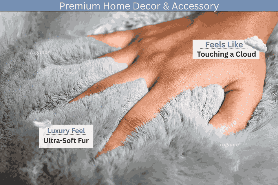 A close-up of a hand resting on plush, light gray faux fur carpet, with text overlays reading 'Feels Like Touching a Cloud', 'Luxury Feel Ultra-Soft Fur', and 'Premium Home Decor & Accessory'.