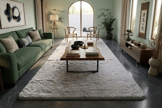ultra soft light grey faux fur area carpet in modern living room with green sofa – RugNoor