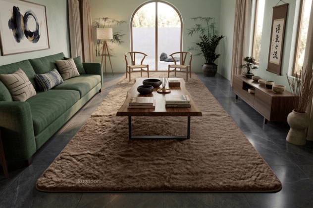 A large, plush, textured taupe beige area rug styled in a modern, elegant living room with a green sofa, wooden coffee table, and dark gray tiled floors.