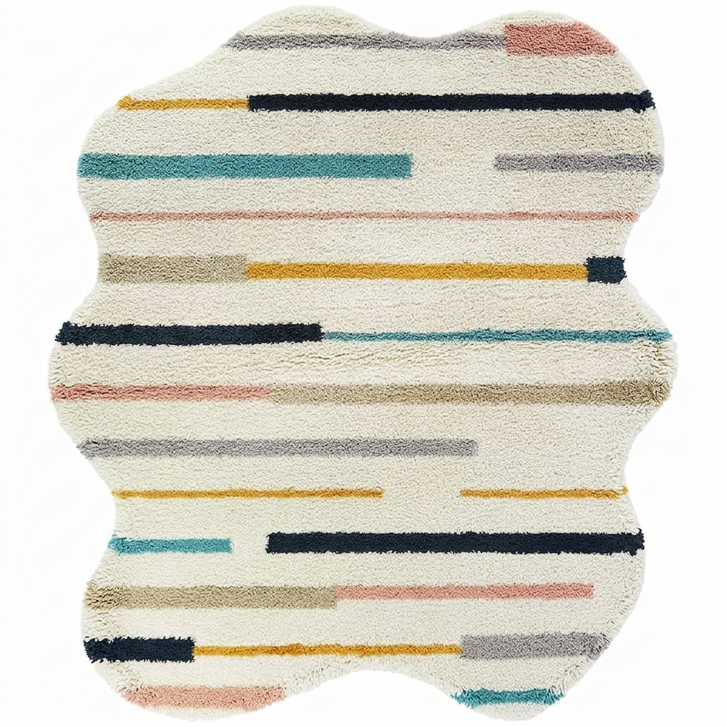 A wavy-shaped shag rug with a cream background and horizontal multicolor stripes in navy, teal, mustard yellow, pink, gray, and beige.