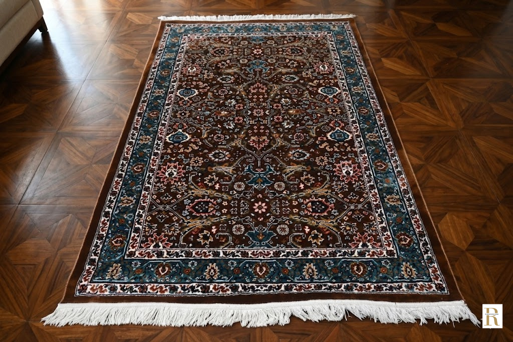 Naqsh Persian rug flat lay on wooden floor — all-over floral arabesque in warm brown with deep teal border and ivory fringe