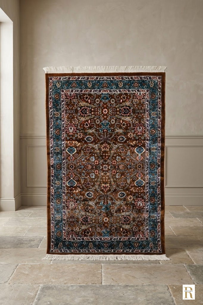 Naqsh Persian rug full view — warm brown base with deep teal border, all-over floral arabesque pattern and ivory cotton fringe