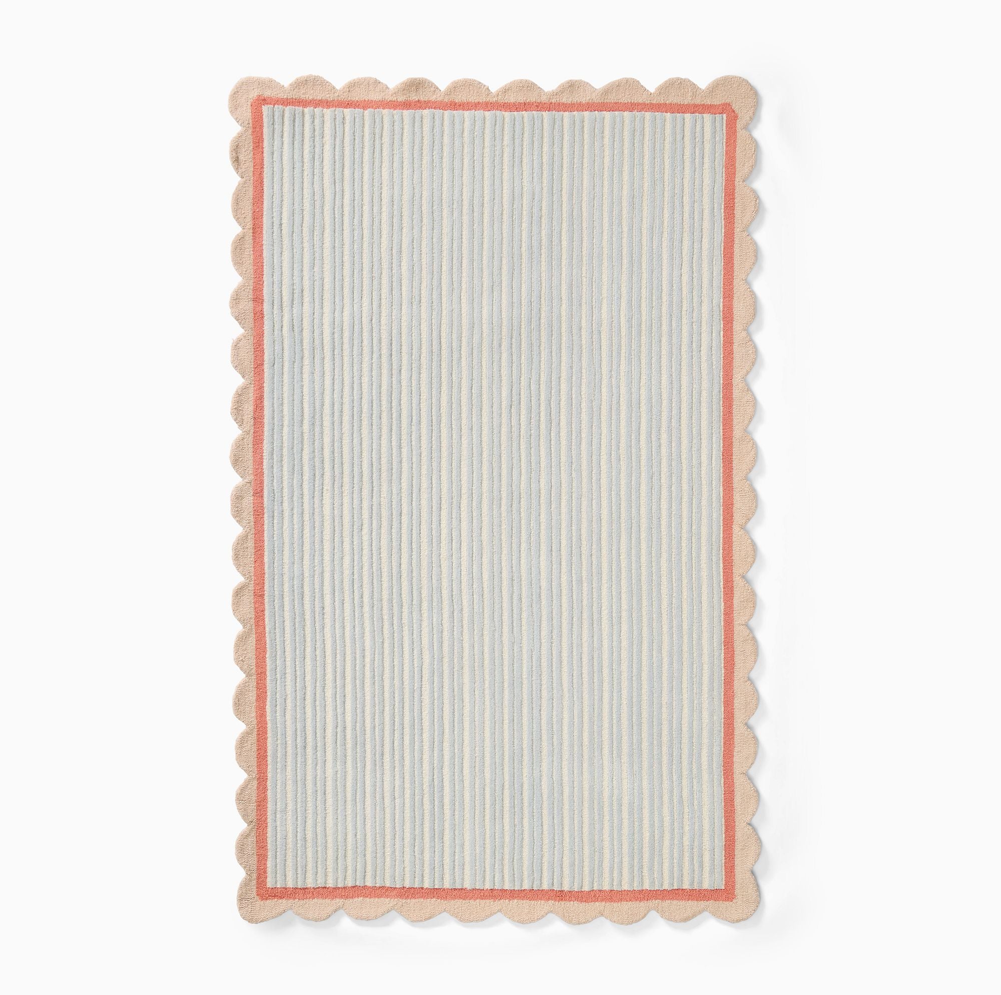 A rectangular woven rug with vertical stripes in light blue and cream, featuring a scalloped cream border and a solid coral-pink inner border, shown flat against a white background.