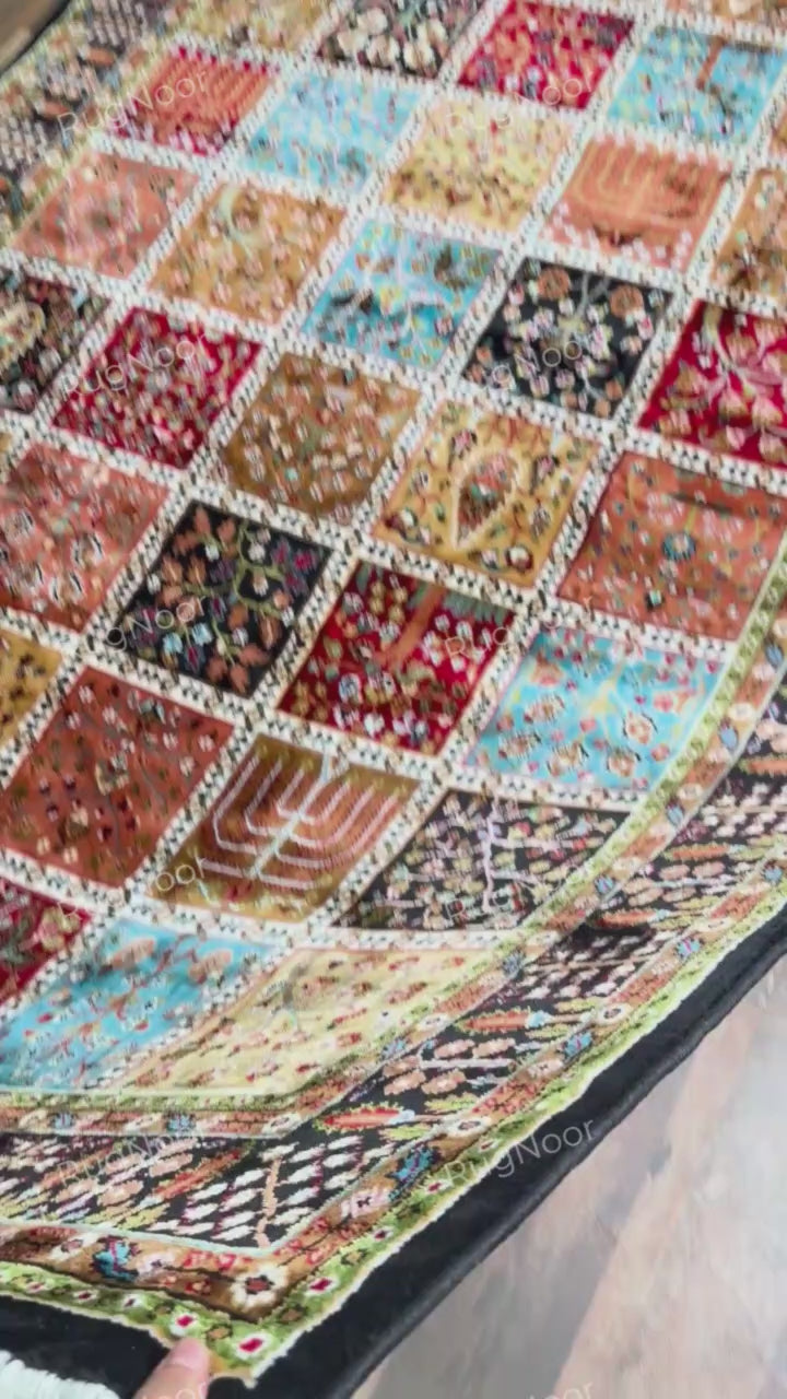 Teal, rust, gold and burgundy floral panels in the patchwork design - Kashida RugNoor