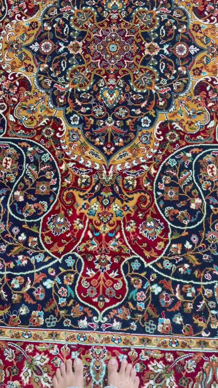 Red and navy traditional floral rug with ornate gold medallion and ivory fringe - Jouri RugNoor